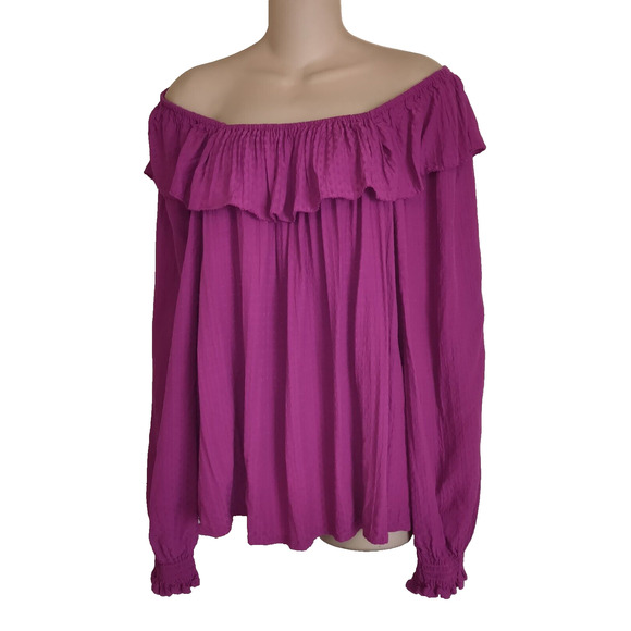 Knox Rose FUCHSIA Peasant Ruffle Top BOHO Off Shoulder Gypsy Flowy Long SleeveXL - Picture 8 of 12